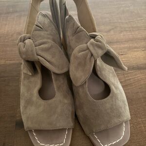 Bernardo Gray Suede Mules with Bow Accent